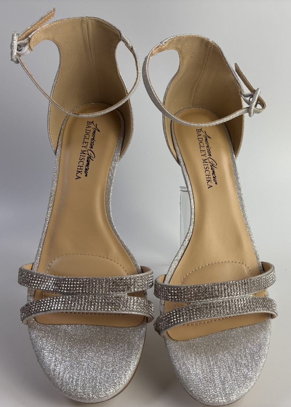 Badgley Mischka American Glamour Ankle Silver Rhinestone Wedge Sandals Size 9